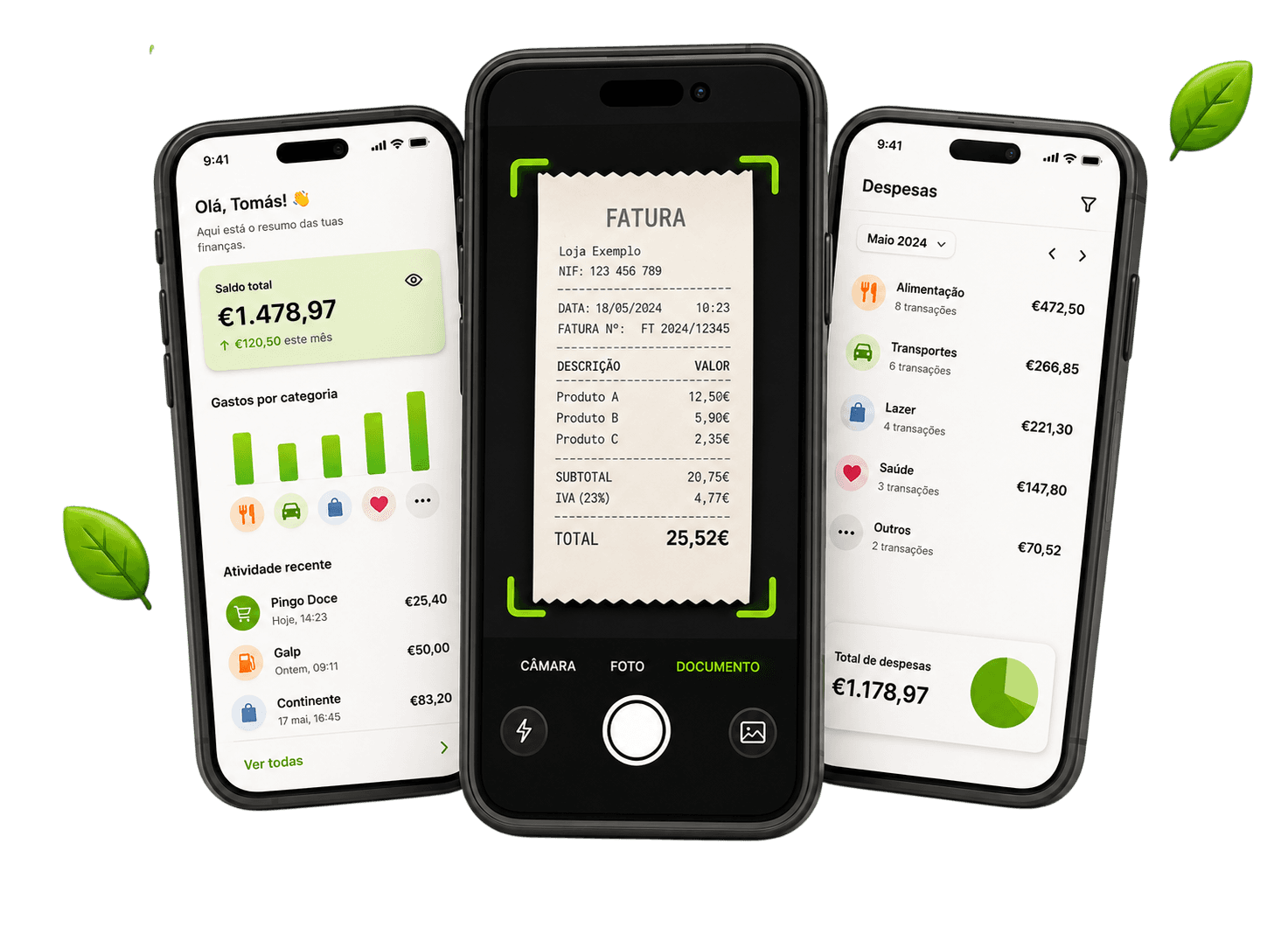 Três ecrãs da app Xatura: dashboard, câmara e lista de despesas
